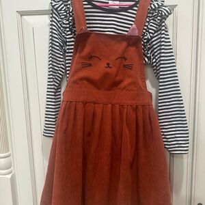 Adorable Cat Face Pinafore Dress with Striped Top for Girls